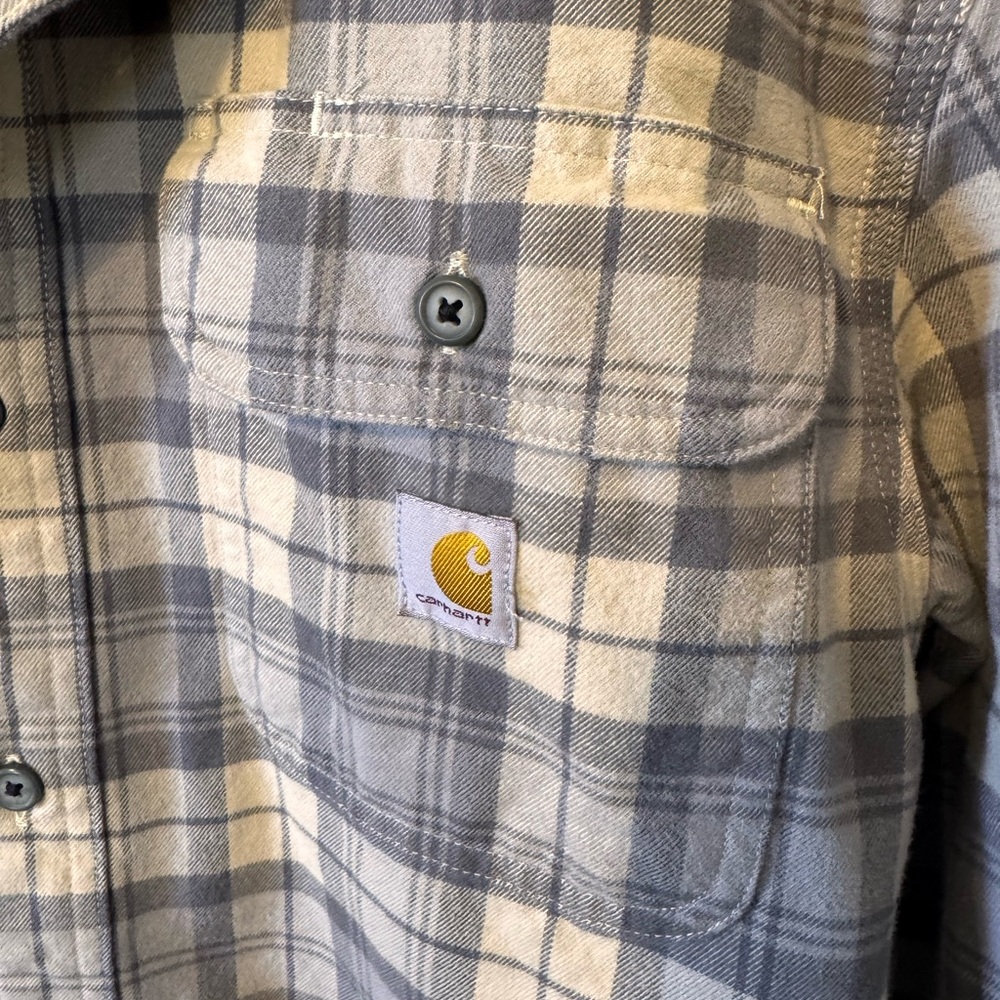 Carhartt Plaid Button-Up Flannel Shirt Jacket in Beige & Gray Size Small - Picture 4 of 9